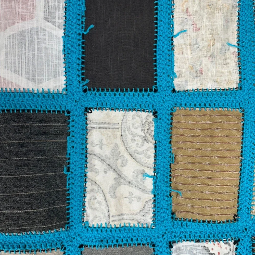 Handmade Patchwork Quilt Turquoise Crochet Border Eclectic Floral 62x43